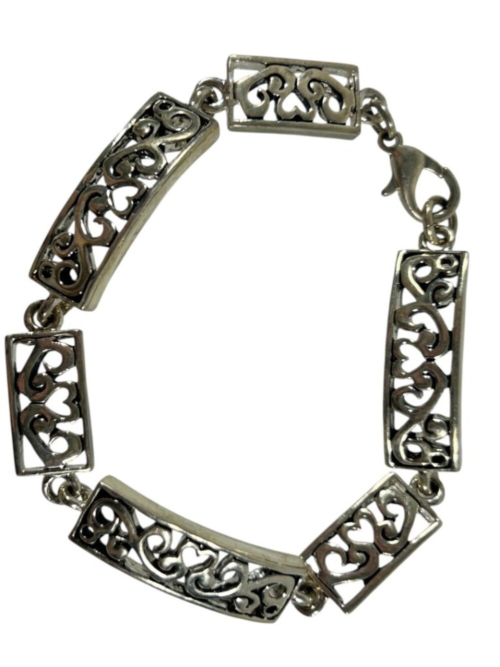 Premier Designs Silver Tone Heart Filigree Link Bracelet Openwork Scroll